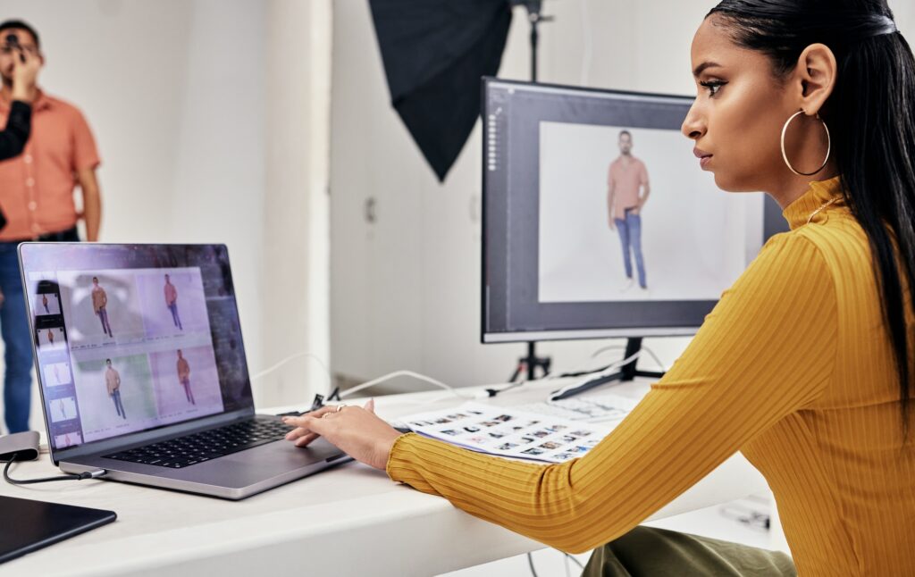 Photography editing, creative process and woman working on web software for photo edit. Media, fash